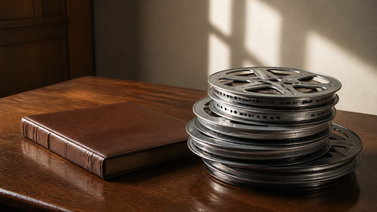 A neat orderly stack of vintage celluloid film reels resting on a polished wooden table next to a pristine leather bound archiving ledger illuminated by warm natural light