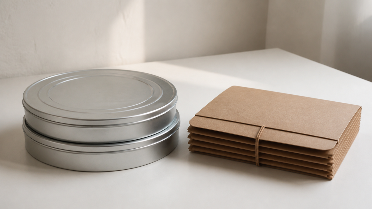 Two flat silver film storage tins stacked beside a closed unmarked kraft accordion archive folder