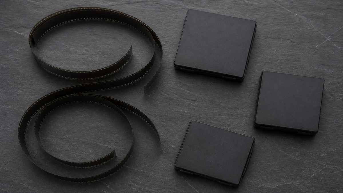 Two coiled blank film strips beside three closed unmarked black archival media cases on a slate surface