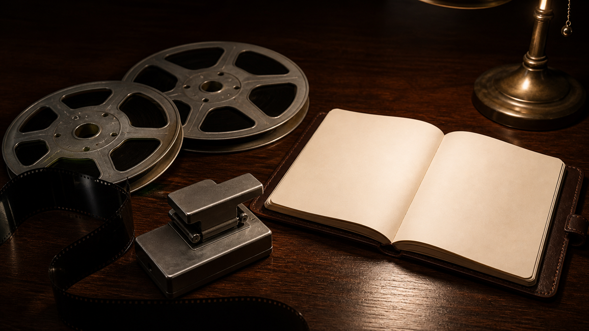 niche-film-site-editorial-handoff-featured Unmarked film reels, a film strip, a metal splicer, and an open blank notebook on a dark wooden desk