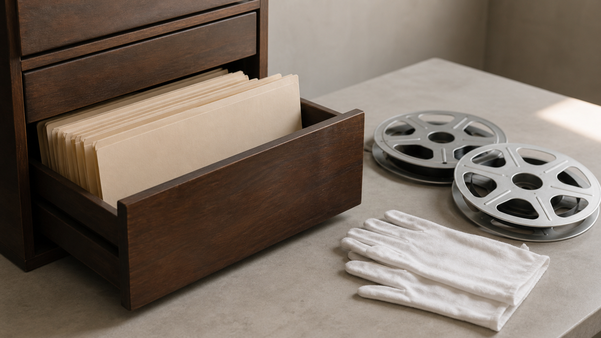 Blank archival folders, unmarked film reels, and white handling gloves beside a wooden filing drawer