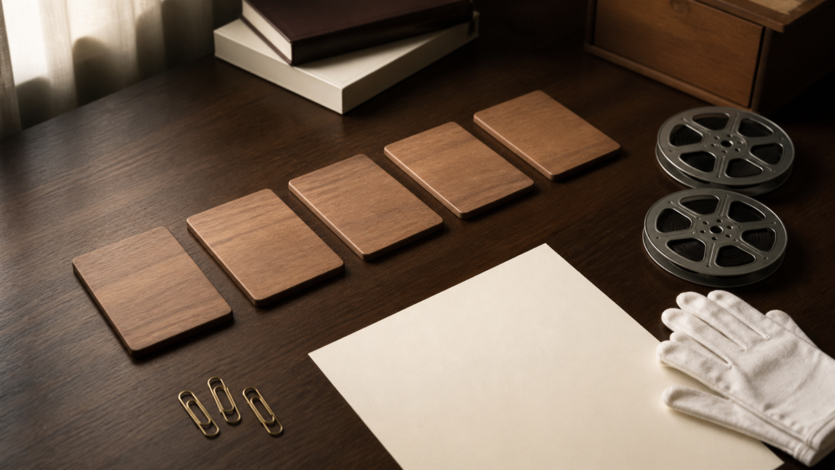 Blank wooden planning tiles, unmarked film reels, paper clips, and white archival gloves on a desk